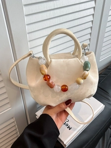 Sac Seau en Cuir PU pour Femme Avec Poignée en Perles de Résine Colorées Sac Bandoulière Plissé Mode Polyvalent