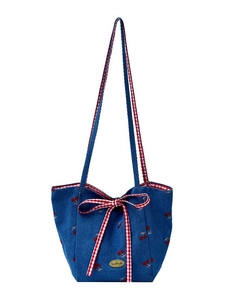 Blue denim tote bag with cherry embroidery and red checkered bow decoration