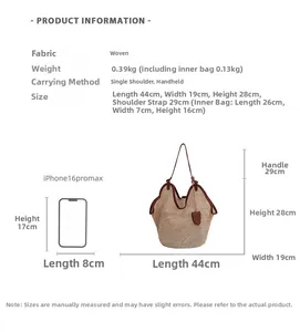 Detailed size chart of large woven straw tote bag with dimensions and leather strap details