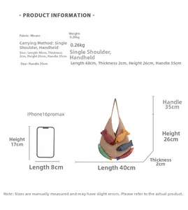 Detailed size comparison of the woven knit tote bag with colorful fish pendants