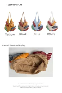 Detail view of colorful fish charms on hollow knit crochet tote bags in four vibrant colors