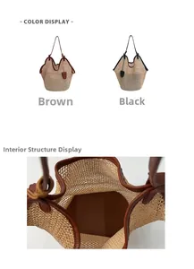 Detail view of woven beach tote with leather reinforced base and internal structure