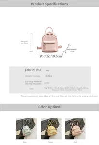 Size chart showing mini PU leather plaid backpack dimensions of 20.5x19.5x12 cm