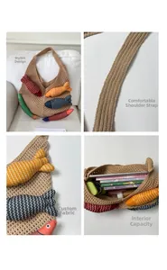 Detail view of woven knit tote with colorful fish charms and spacious interior capacity