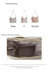 Detail of canvas tote bag with zipper closure and internal pocket in grey and khaki