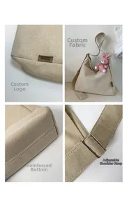 Detail view of beige canvas hobo bag with adjustable strap and reinforced base