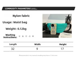 Size chart and dimensions for the green nylon waist bag showing measurements 32x9x17cm