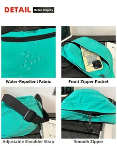 Détails du tissu résistant à l'eau, des zips fluides et de la sangle de ce sac banane moderne