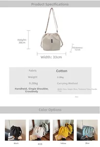 Detail showing dimensions and specifications for the drawstring canvas bucket bag