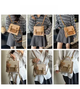 Detailed views of a vintage two-tone backpack with brown plush bear and adjustable straps