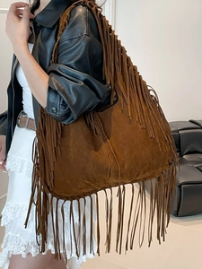 Bohemian large brown suede tote bag with long tassels and shoulder strap for women