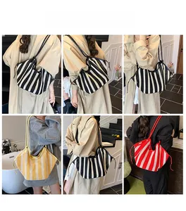 Collage of large woven striped tote bags in black, yellow, and red on model's shoulder