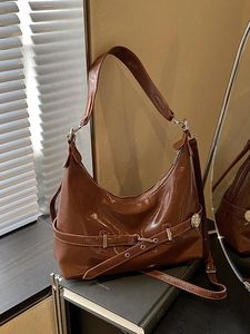 Women High Texture PU Patent Leather Underarm Bag Pleated Hobo Shoulder Bag With Belt Buckle Large Capacity Commuting Handbag