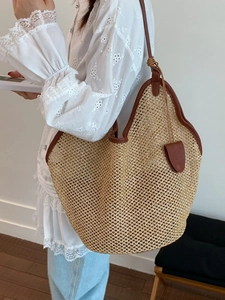 Women Large Capacity Straw Woven Tote Bag Summer Beach Vacation Casual Shoulder Bag With Synthetic Leather Trim And Charm