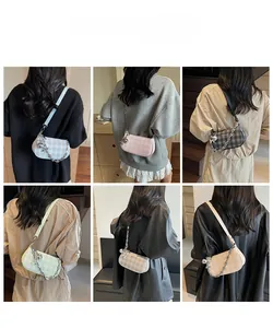 Six colors of checkered underarm bags with chain straps and metallic spherical charms