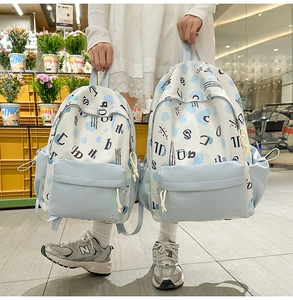 Dettaglio del set di zaini a pois con tasche con zip e coulisse laterale regolabile