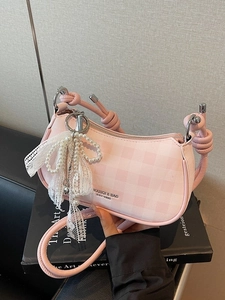 Sac Sous le Bras en Cuir PU à Carreaux Gingham Style Coréen Doux Avec Nœud en Dentelle et Künstliche Perle Sac Bandoulière Petit Sac à Main
