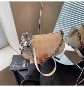 Close-up of beige checkerboard baguette bag with silver chain and balloon dog charm