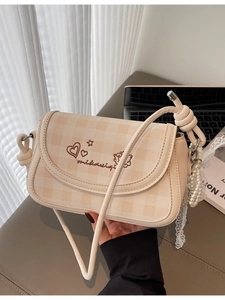 Beige checkered leather crossbody bag with heart embroidery and pearl charm detail