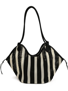 Woven tote bag with black and white vertical stripes and slim shoulder straps