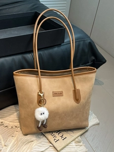 Minimalist large capacity camel suede tote bag with shoulder straps and plush pendant