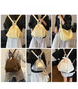 Collage of glossy leather triangular backpacks in yellow, brown, silver, and beige colors