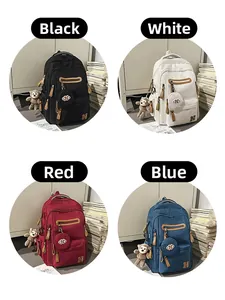 Detail of multi-compartment student backpack in black, white, red, and blue colors