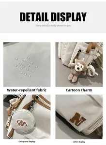 Detailed views of beige waterproof backpack with plush charm and small coin purse