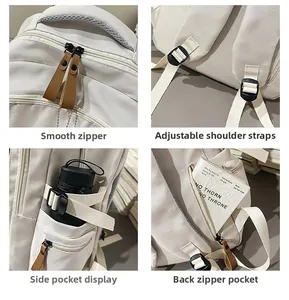 Detail view of smooth zippers, adjustable straps, and anti-theft pocket of this beige backpack