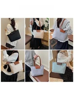 Collage of large waterproof oxford tote bags in black, white, and blue for daily commuting