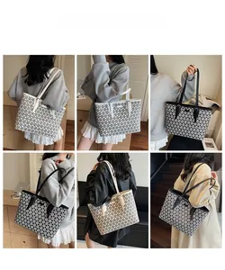 Detail shots of large tote bag with geometric triangle pattern and adjustable straps