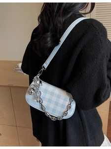 Blue and white checkered small shoulder bag with silver chain and ball pendant for women