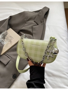 Green checkered crossbody bag with silver chain strap and balloon dog charm