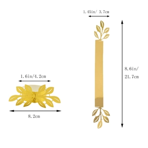 Detail view of gold hollow leaf napkin rings with dimensions in centimeters and inches
