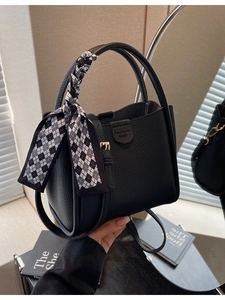 Women PU Leather Bucket Crossbody Bag With Silk Scarf Decor Litchi Pattern Small Tote Handbag Single Strap Fashion Trendy