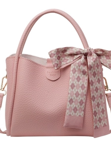 Pink lychee pattern bucket handbag with decorative scarf and Fashion Bags logo
