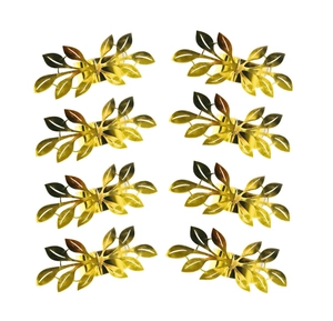 Close-up of 8pcs golden metal napkin rings featuring elegant laurel leaf design details