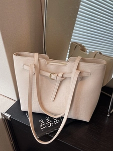 Women Large Capacity PU Leather Tote Bag Litchi Texture Decorative Belt Buckle Zipper Commuter Shoulder Bag Handbag