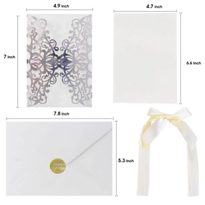 Laser cut invitation set showing card size dimensions and ivory ribbon detail