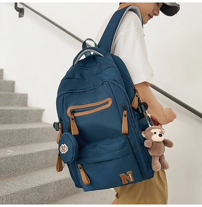 Detail view of navy blue backpack on model featuring a plush monkey and round coin purse