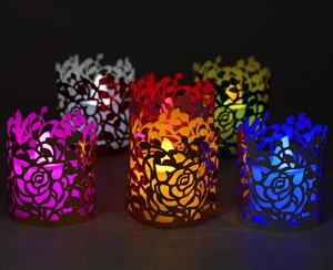 Set of six colorful hollow rose pattern paper lampshades for LED tea light candles