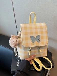 Mini Sac à Dos Plaid Style Scolaire Coréen pour Femmes en Cuir PU Décor Papillon Sac à Bandoulière Décontracté pour Étudiantes