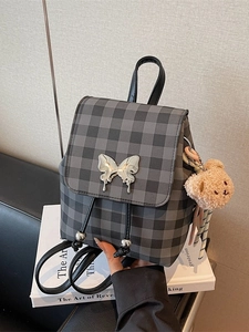 Mini sac à dos à carreaux pour femme avec boucle papillon argentée et pendentif ours