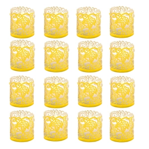 Set of 16 yellow hollowed paper leaf lanterns with warm LED electronic candles