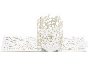 Detailed laser-cut rose hollow paper decorative ring for LED candles or cupcakes in pearl white