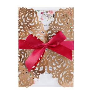 Faire-Part de Mariage Rose Découpé au Laser Avec Enveloppe et Ruban Papier Perlé Réfléchissant Élégant pour Fête de Mariage