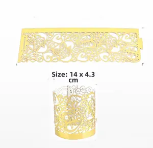 Detailed size view of golden laser-cut hollow butterfly and floral decorative ring wrappers