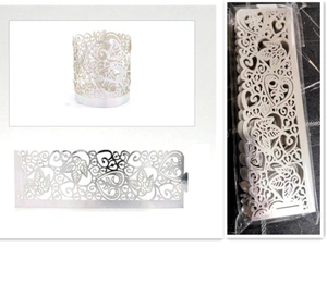 Macro detail of leaf and heart laser-cut paper candle wraps in packaging and unfolded states