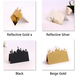 Eid Mubarak mosque seat cards with moon stars in gold, silver, black, and champagne