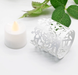 Detail view of laser-cut rose pattern paper sleeve for LED tea light candle decoration